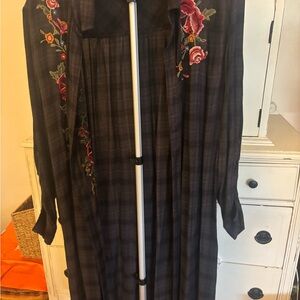 Style & Co. Plaid long over shirt with embroidery.